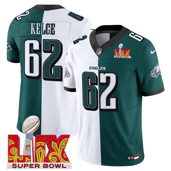 Men's White/Green Philadelphia Eagles #62 Jason Kelce Split 2025 Super Bowl LIX Patch F.U.S.E. Vapor Untouchable Limited Stitched Football Jersey